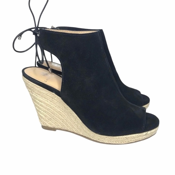 Laurie Felt Suede Wedge Espadrille Women's 11M Black Lace Back Peep Toe Boho - Picture 1 of 9